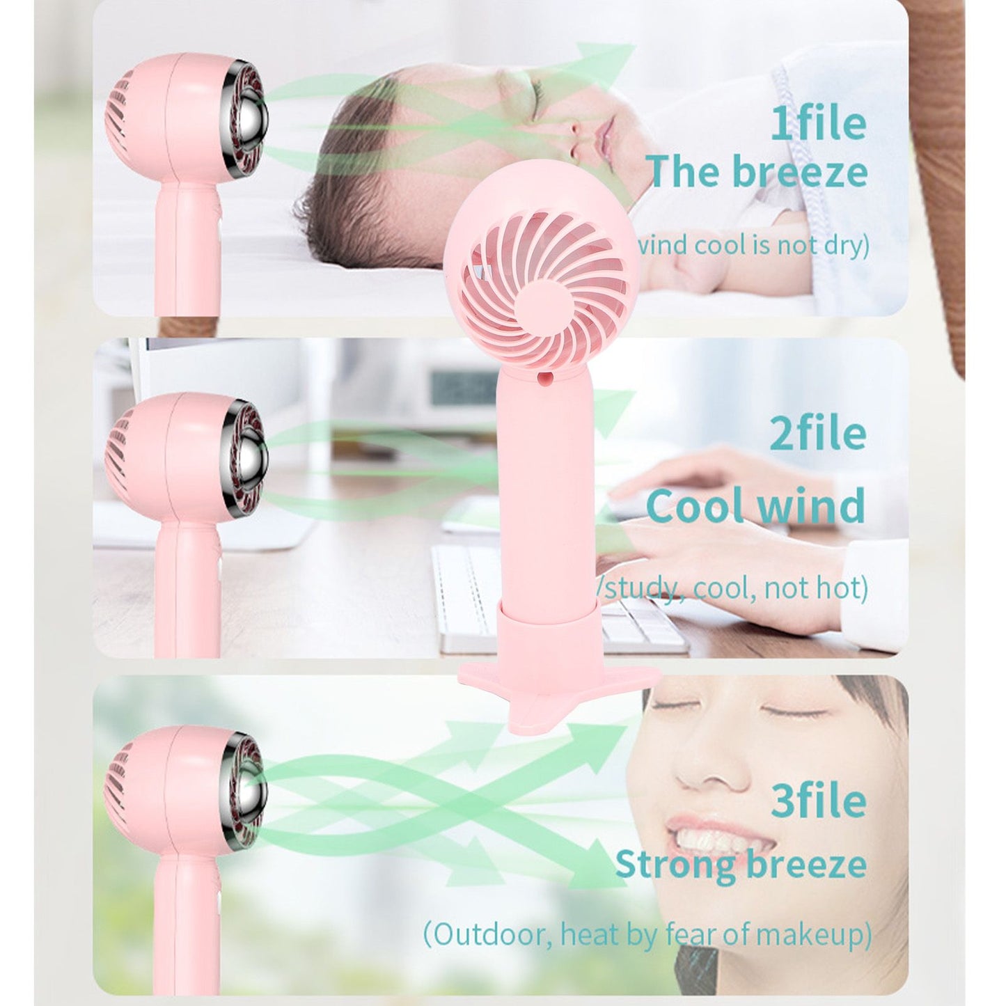 Handheld Fan USB Charging 3 Speeds 2000mAh Mini Portable Desktop Fan for Travel School Office Pink V1294-YM0523-3113220067012