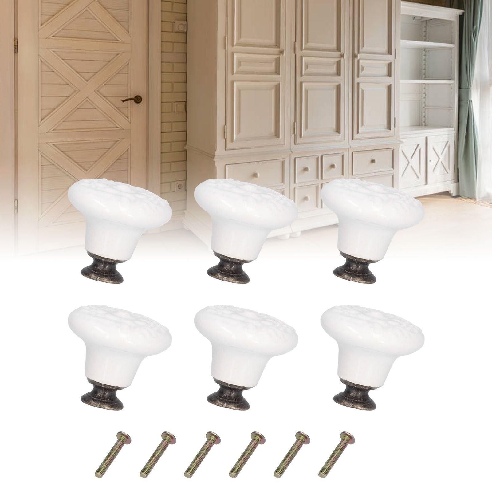 6Pcs Round Ceramic Cabinet Knobs Exquisite Single Hole Pull Handle for Drawer Cupboard DoorWhite V1294-YM0523-3114210120511