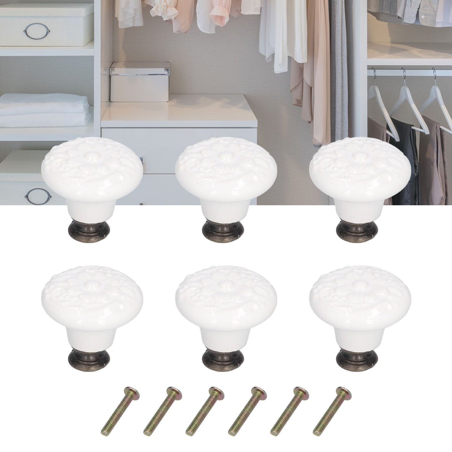 6Pcs Round Ceramic Cabinet Knobs Exquisite Single Hole Pull Handle for Drawer Cupboard DoorWhite V1294-YM0523-3114210120511