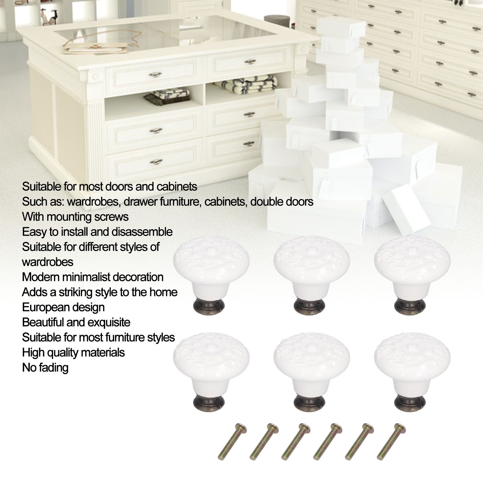 6Pcs Round Ceramic Cabinet Knobs Exquisite Single Hole Pull Handle for Drawer Cupboard DoorWhite V1294-YM0523-3114210120511