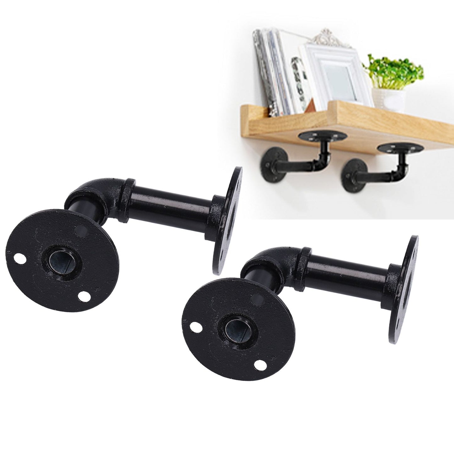 Pipe Shelf Brackets Iron Black Retro Wall Mounted Clapboard Support Frame Racks Set V1294-YM0523-3114210139511