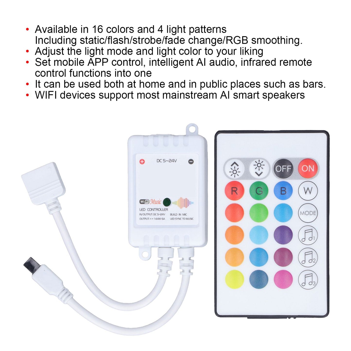24 Keys Smart LED Remote Control RGB Wireless Controller 16 Colors 4 Light Patterns DC 5V-24V for Tuya4 Way V1294-YM0523-3114220004312