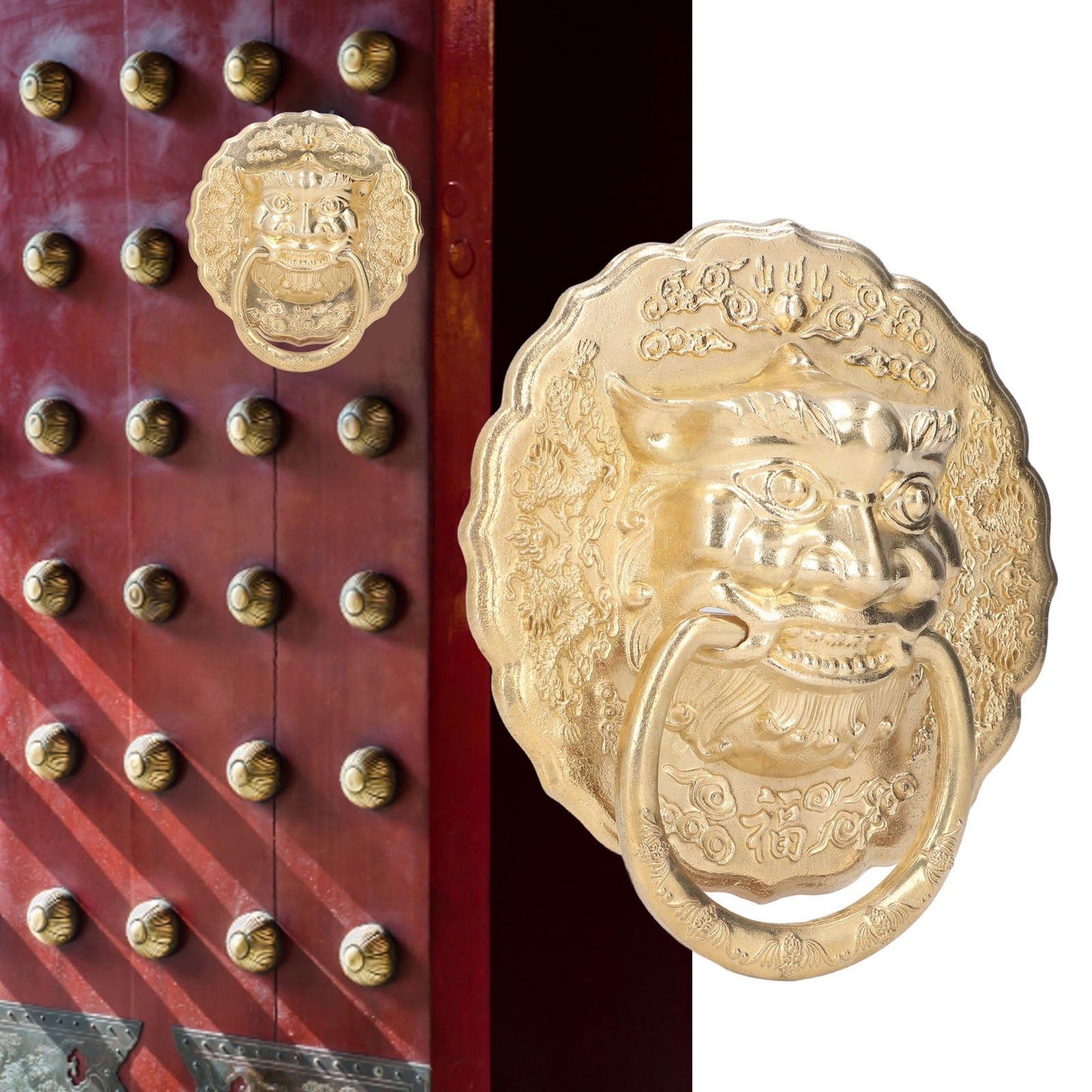 Door Knocker Brass Material Bronze Collision Resistance Chinese Animal Head Pull Ring for Wooden Door V1294-YM0523-3114220008611
