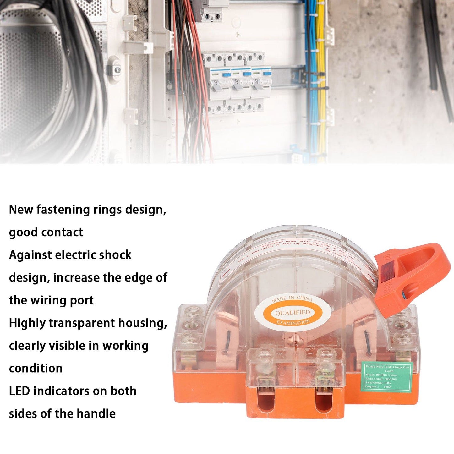Double Pole Knife Switch Transparent Shell 2P 100A Safety Knife Switch with LED Indicator for Generator Power V1294-YM0523-3114220012711