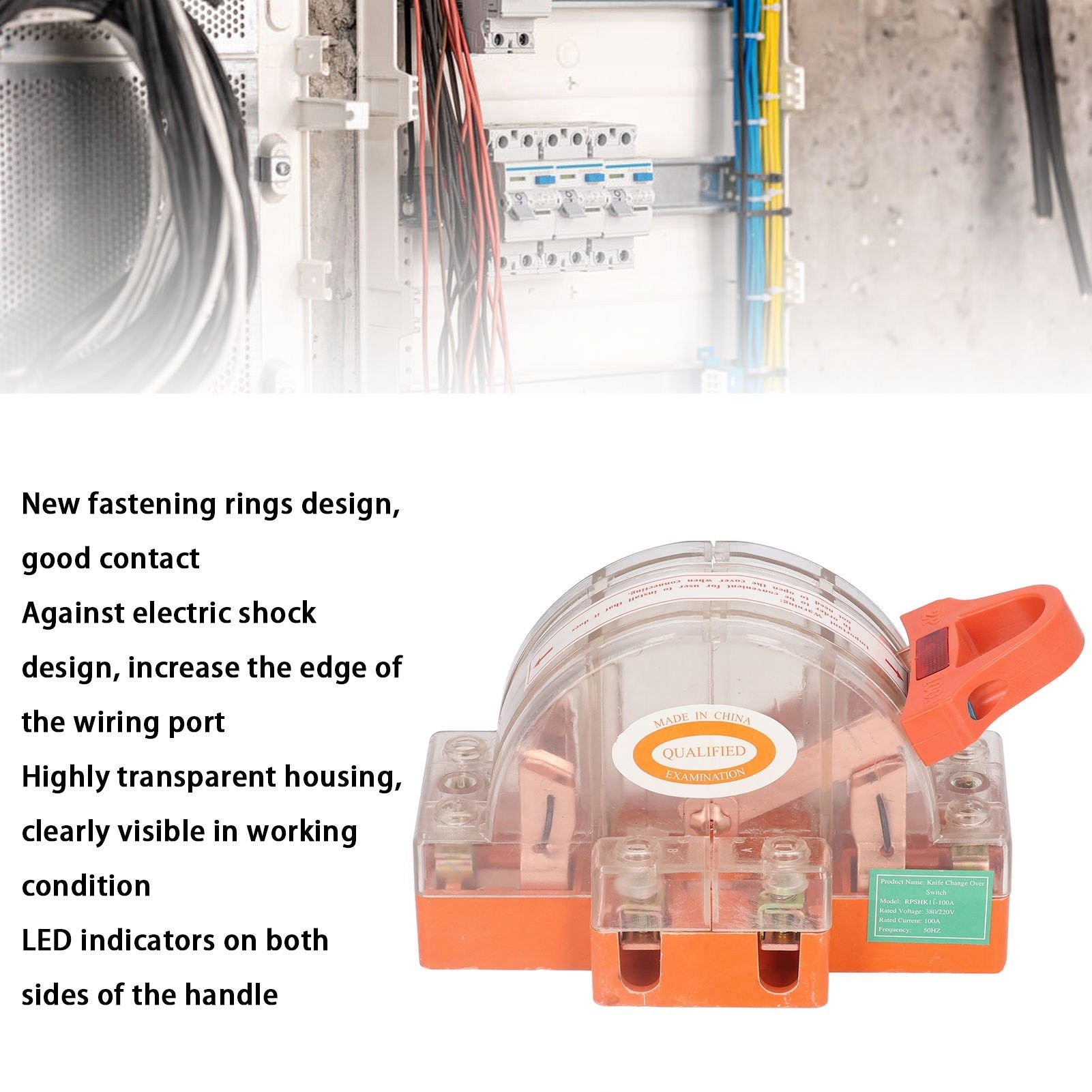 Double Pole Knife Switch Transparent Shell 2P 100A Safety Knife Switch with LED Indicator for Generator Power V1294-YM0523-3114220012711