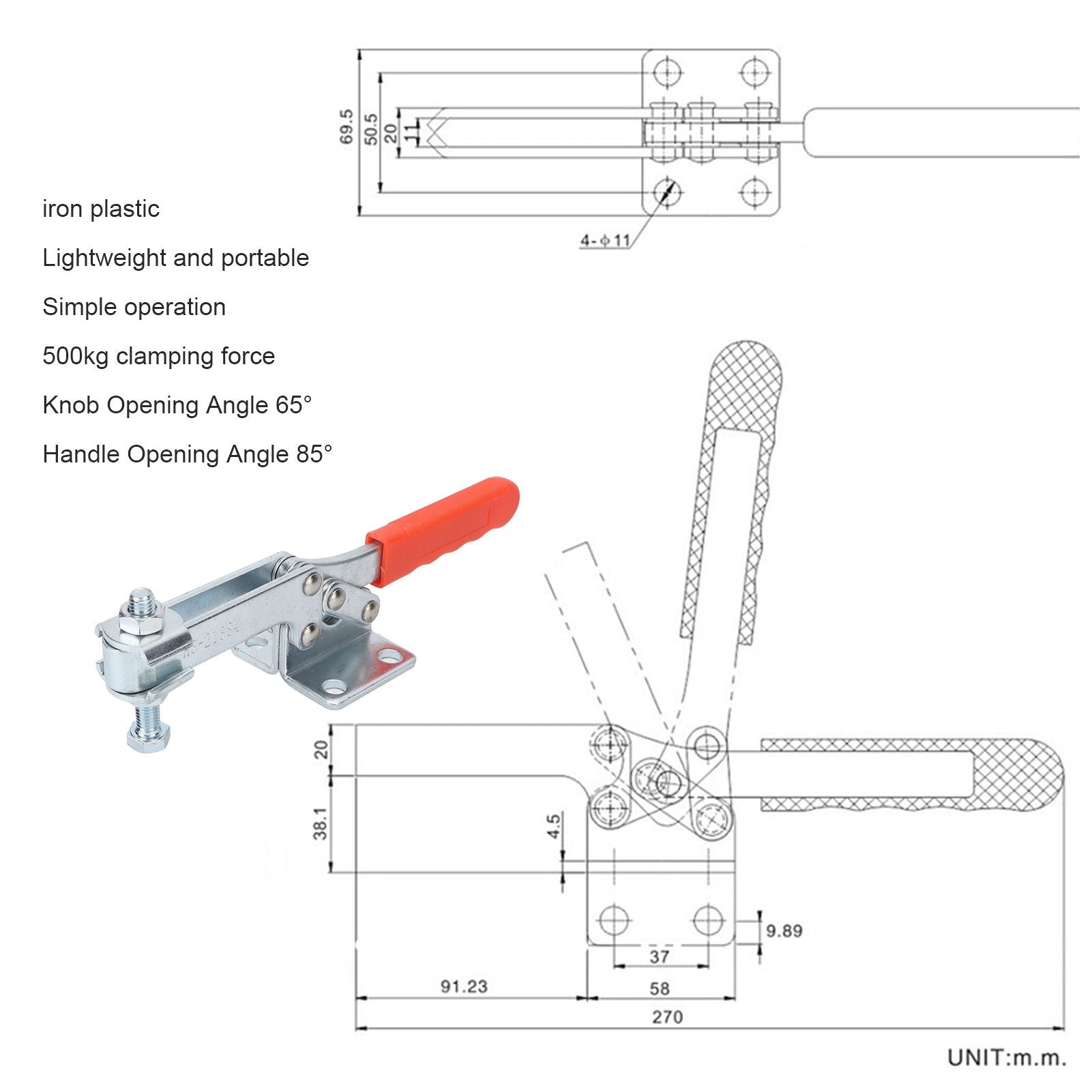 Toggle Clamp 500kg Clamping Force Portable GH Horizontal Quick Release Toggle Clamp for Heavy Duty Welding V1294-YM0523-3114220021811