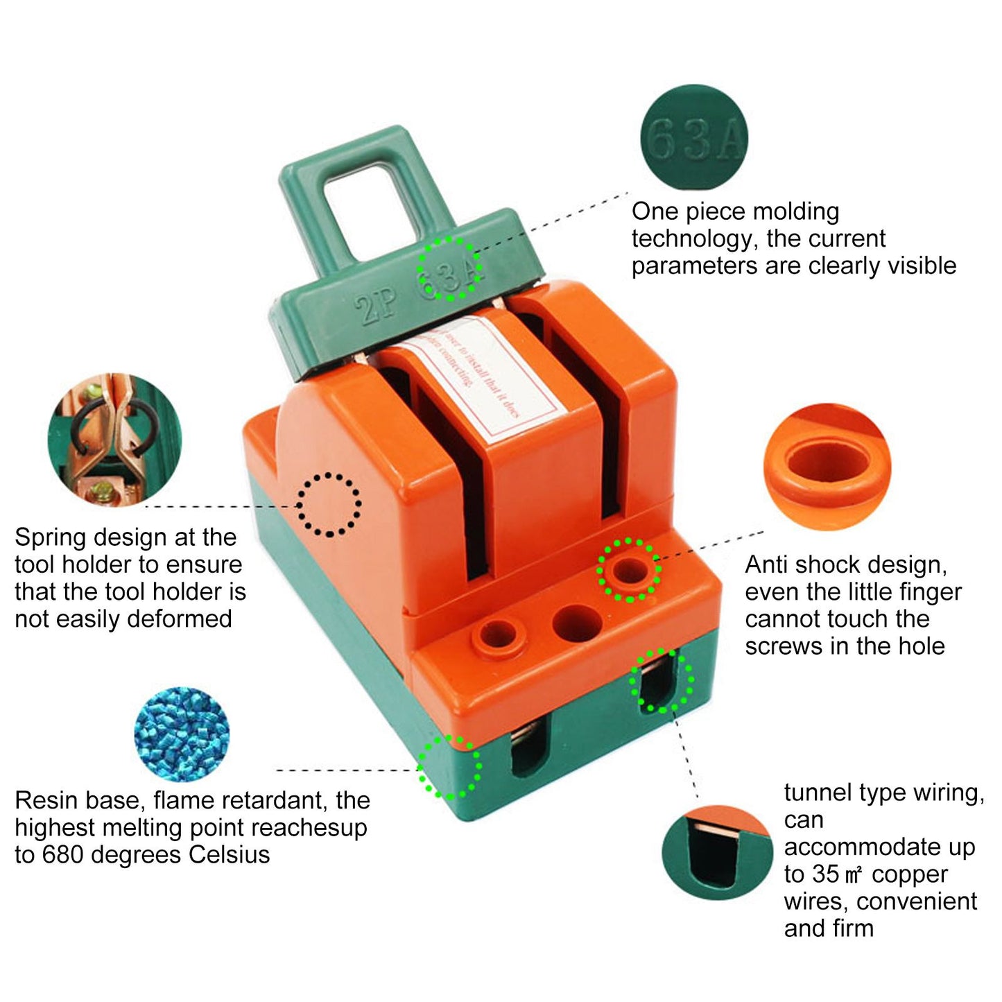 Knife Safety Switch 2 Pole 63A AC 220V Single Throw ABS Copper Disconnect Knife Switch for Fail Safe Circuit V1294-YM0523-3114220024811