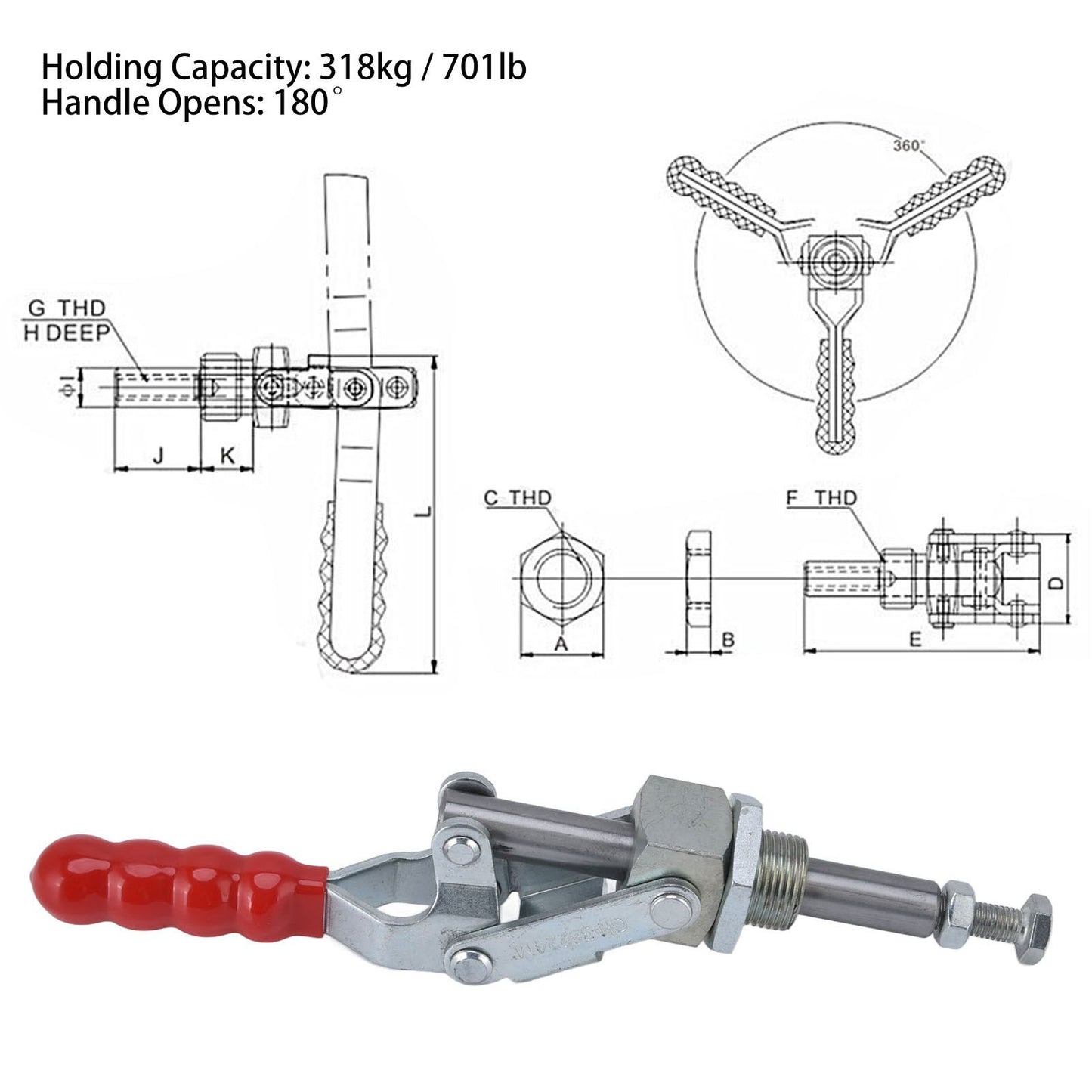 Push Pull Fixture Clamp 701lb Holding Capacity and 180 degrees Handle Opens Quick Release Inline Toggle Clamp V1294-YM0523-3114220026611