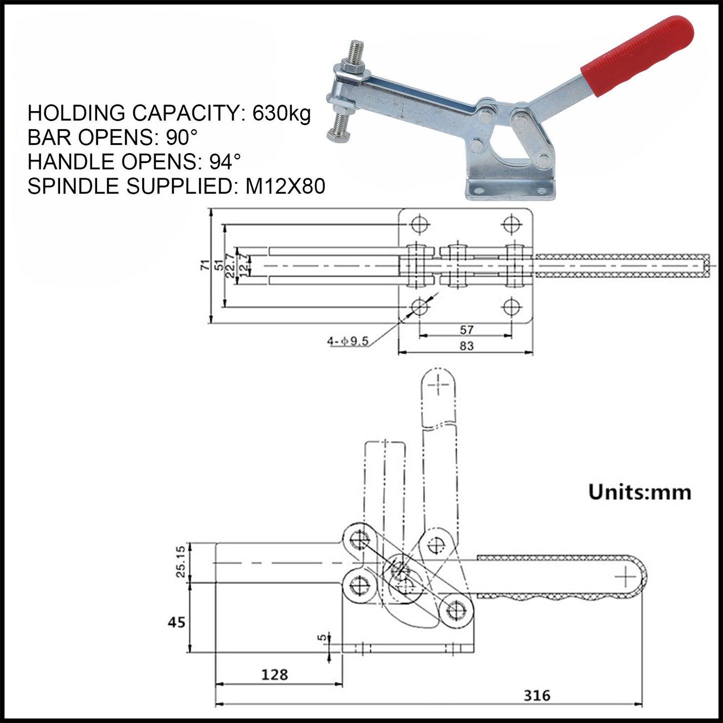Toggle Clamp Large 630kg Holding Force Heavy Duty Horizontal Quick Release Clamp Fixing Fixture V1294-YM0523-3114220027211