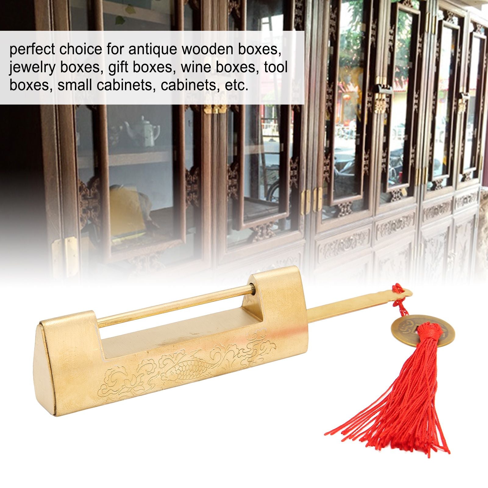 Brass Antique Padlock Spacing 5.9cm Exquisite Rustproof Chinese Old Style Fish Horizontal Padlock for Jewelry V1294-YM0523-3114220035711