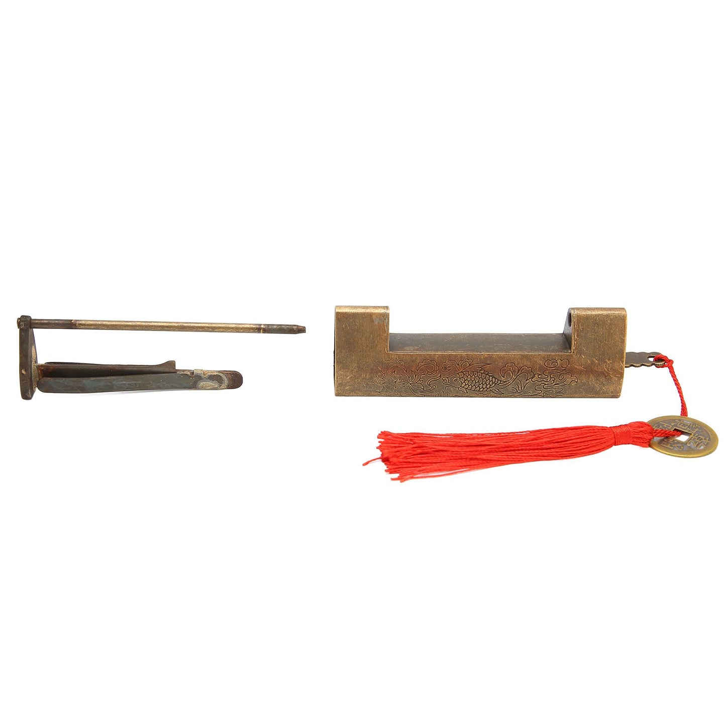 Brass Antique Padlock Spacing 5.9cm Exquisite Rustproof Chinese Old Style Fish Horizontal Padlock for Jewelry V1294-YM0523-3114220035712