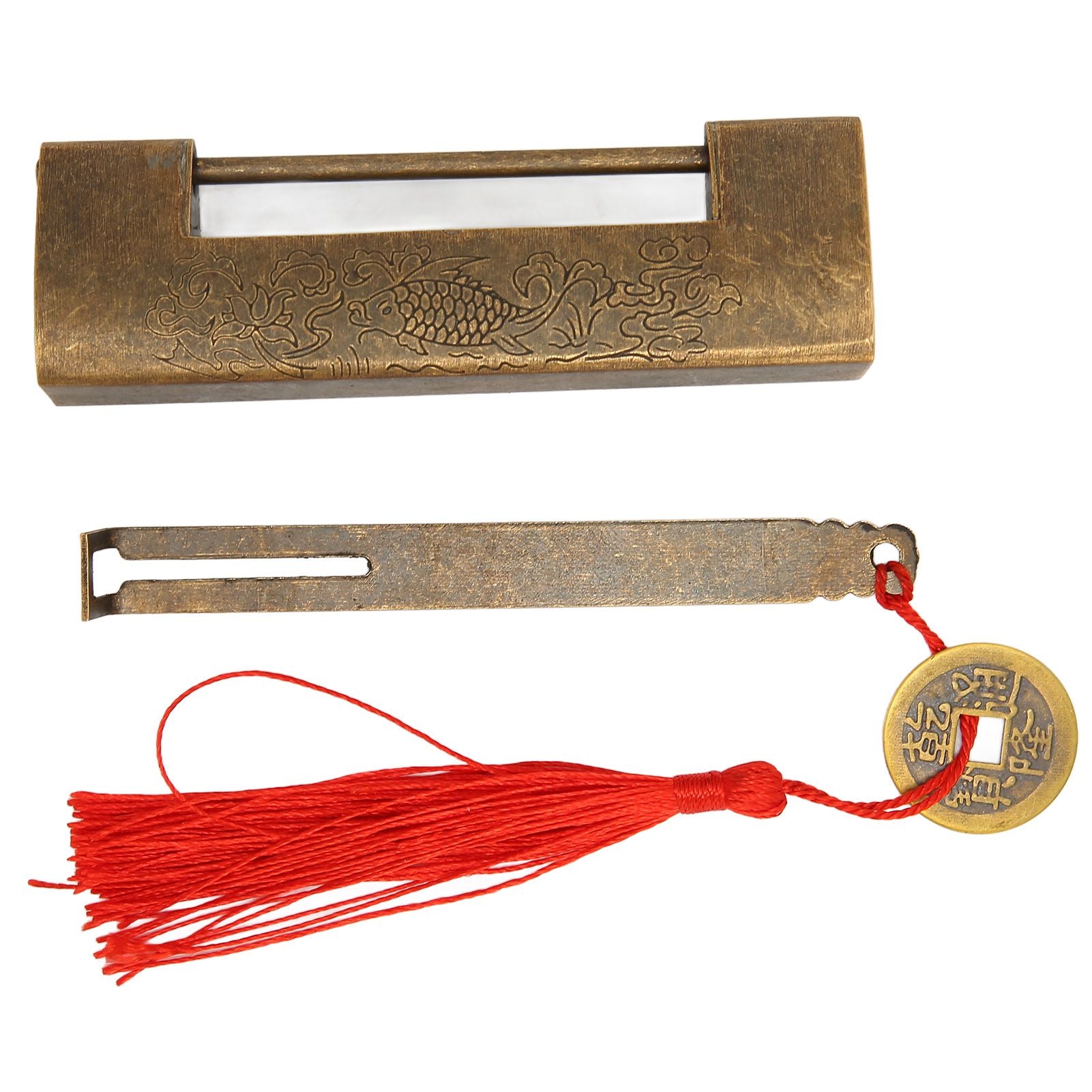 Brass Antique Padlock Spacing 5.9cm Exquisite Rustproof Chinese Old Style Fish Horizontal Padlock for Jewelry V1294-YM0523-3114220035712