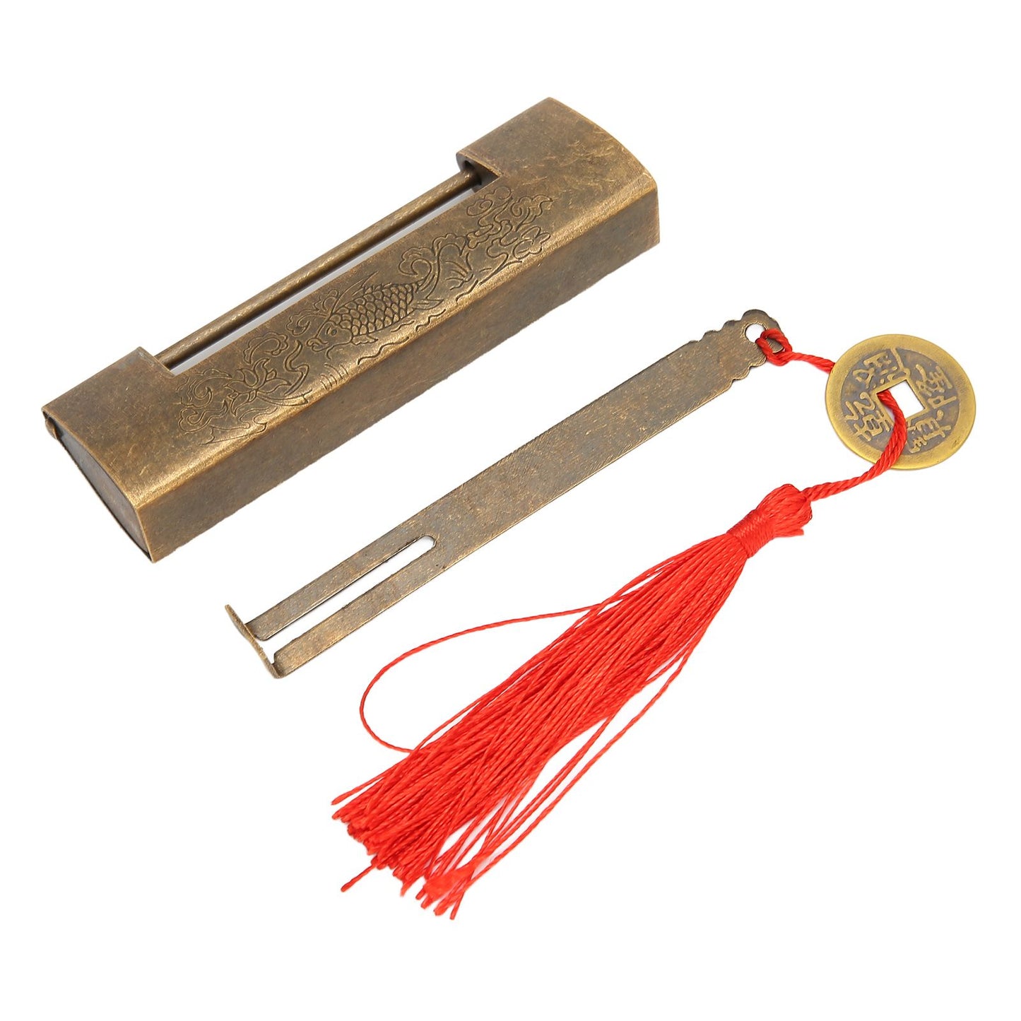 Brass Antique Padlock Spacing 5.9cm Exquisite Rustproof Chinese Old Style Fish Horizontal Padlock for Jewelry V1294-YM0523-3114220035712