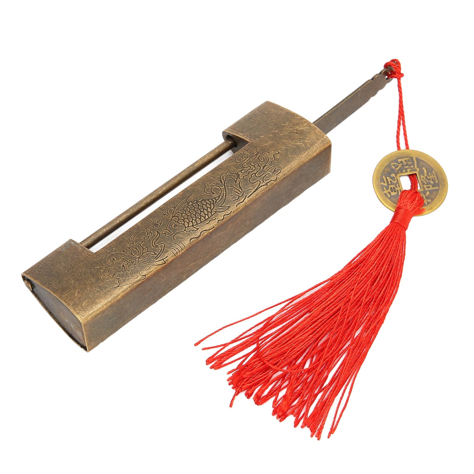 Brass Antique Padlock Spacing 5.9cm Exquisite Rustproof Chinese Old Style Fish Horizontal Padlock for Jewelry V1294-YM0523-3114220035712