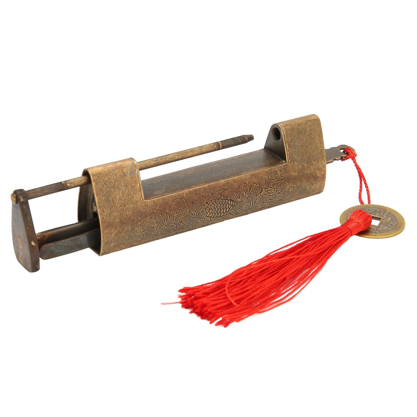 Brass Antique Padlock Spacing 5.9cm Exquisite Rustproof Chinese Old Style Fish Horizontal Padlock for Jewelry V1294-YM0523-3114220035712