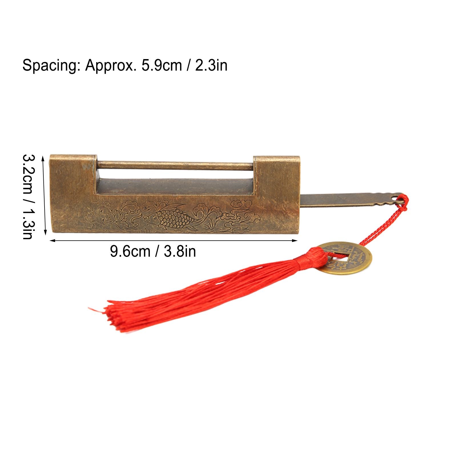 Brass Antique Padlock Spacing 5.9cm Exquisite Rustproof Chinese Old Style Fish Horizontal Padlock for Jewelry V1294-YM0523-3114220035712