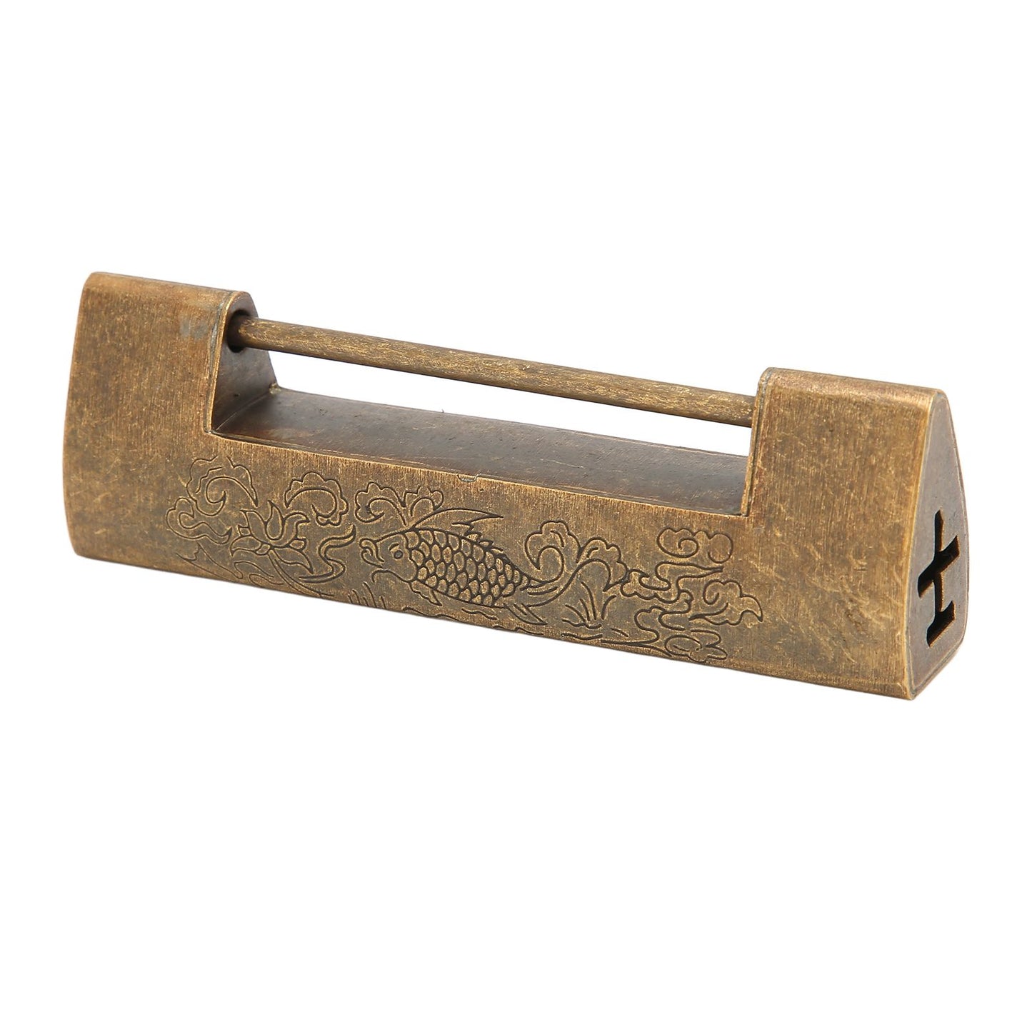 Brass Antique Padlock Spacing 5.9cm Exquisite Rustproof Chinese Old Style Fish Horizontal Padlock for Jewelry V1294-YM0523-3114220035712