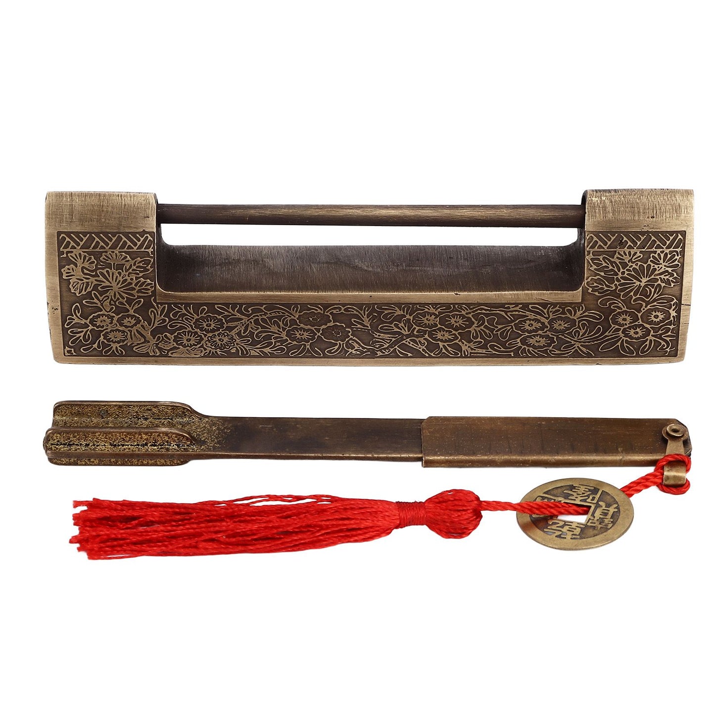 Chinese Antique Lock Retro Spacing 9cm/3.5in Classic Pattern Brass Horizontal Padlock Lock for Gift Boxes V1294-YM0523-3114220035911