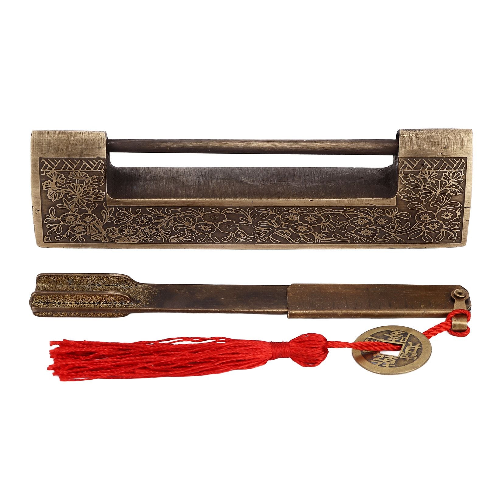 Chinese Antique Lock Retro Spacing 9cm/3.5in Classic Pattern Brass Horizontal Padlock Lock for Gift Boxes V1294-YM0523-3114220035911