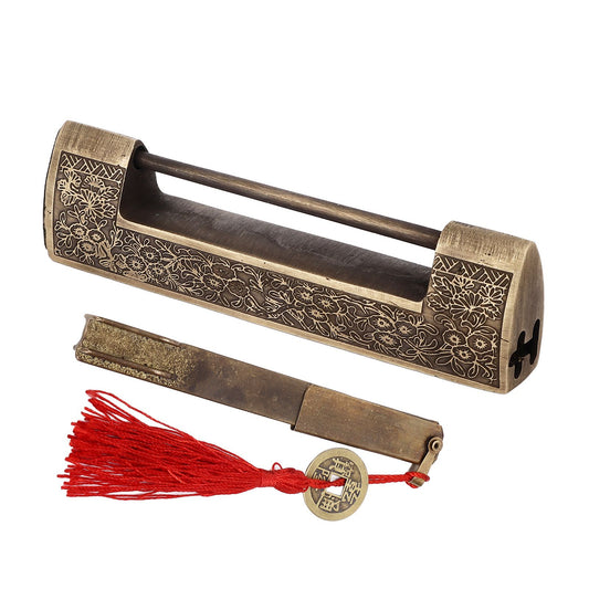 Chinese Antique Lock Retro Spacing 9cm/3.5in Classic Pattern Brass Horizontal Padlock Lock for Gift Boxes V1294-YM0523-3114220035911