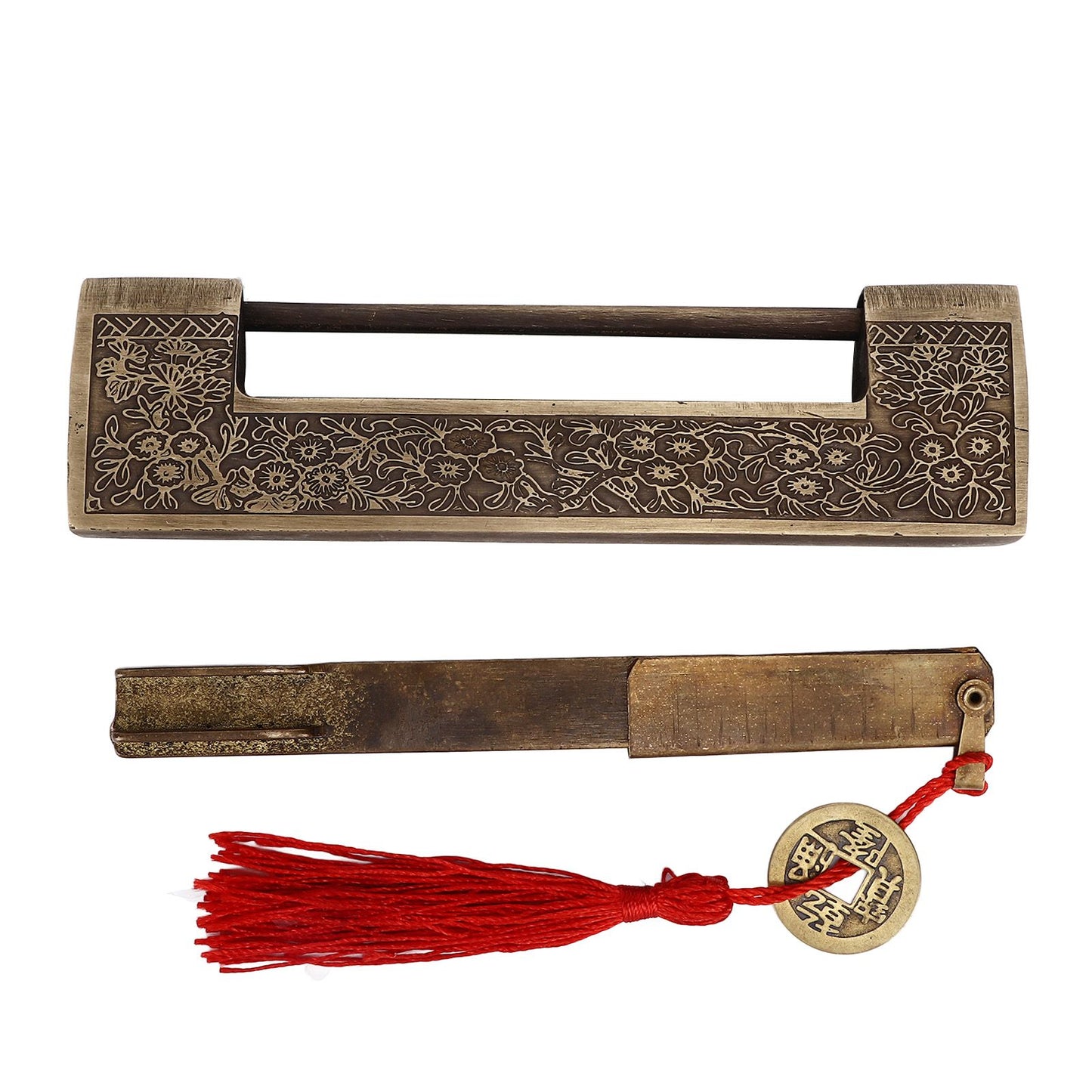 Chinese Antique Lock Retro Spacing 9cm/3.5in Classic Pattern Brass Horizontal Padlock Lock for Gift Boxes V1294-YM0523-3114220035911