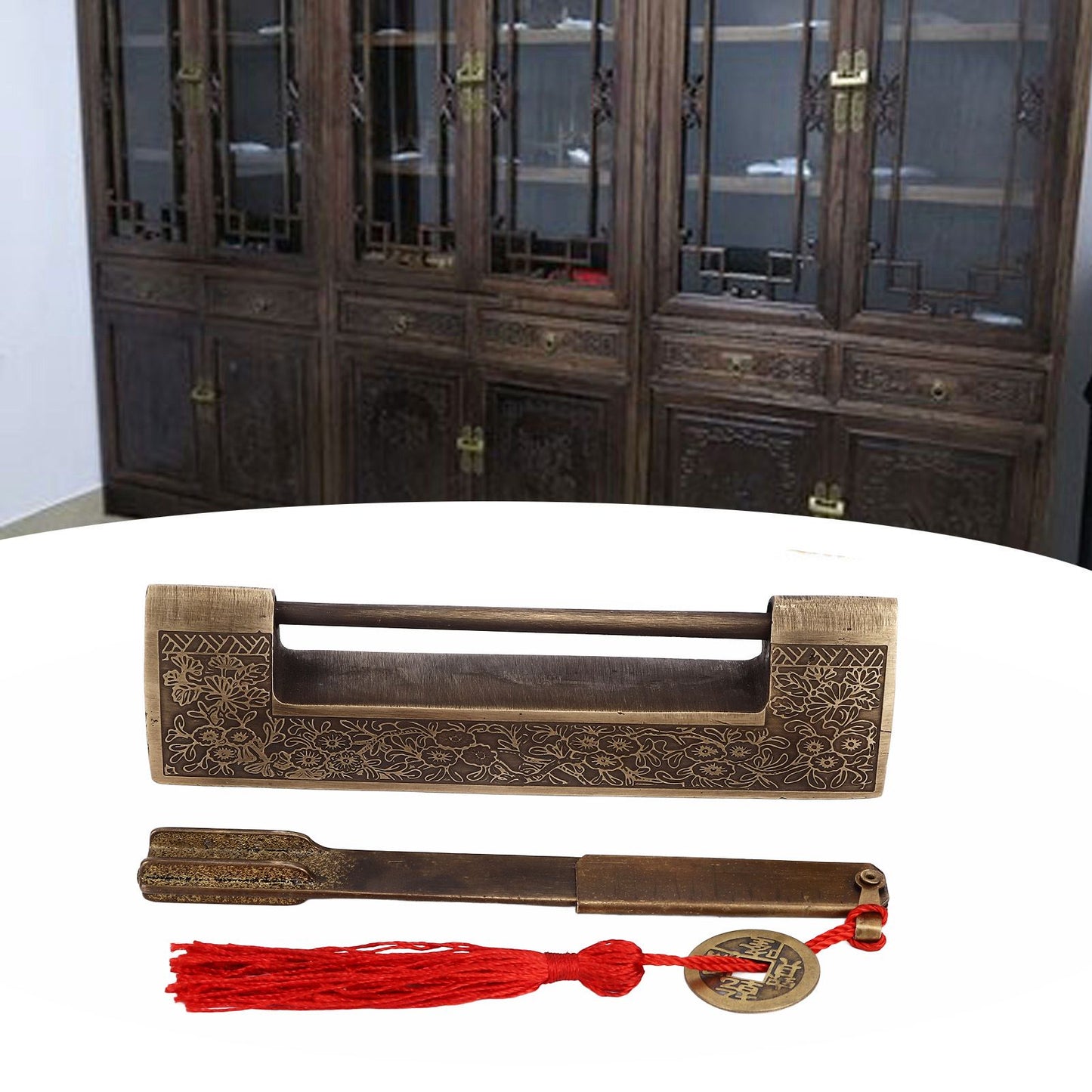 Chinese Antique Lock Retro Spacing 9cm/3.5in Classic Pattern Brass Horizontal Padlock Lock for Gift Boxes V1294-YM0523-3114220035911
