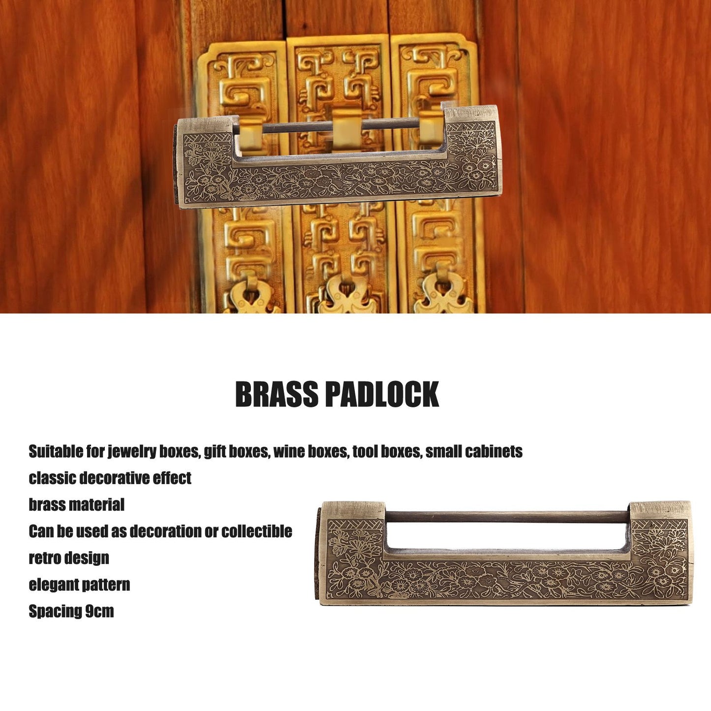 Chinese Antique Lock Retro Spacing 9cm/3.5in Classic Pattern Brass Horizontal Padlock Lock for Gift Boxes V1294-YM0523-3114220035911