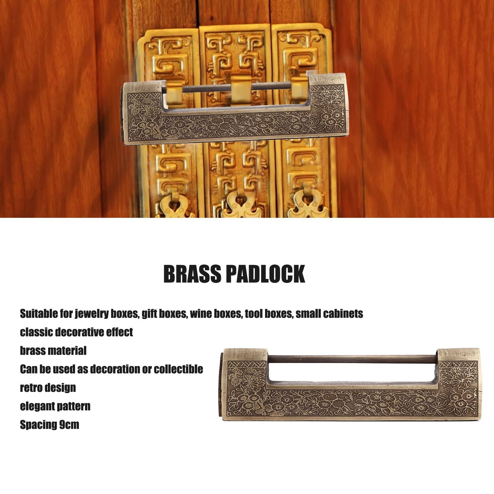 Chinese Antique Lock Retro Spacing 9cm/3.5in Classic Pattern Brass Horizontal Padlock Lock for Gift Boxes V1294-YM0523-3114220035911