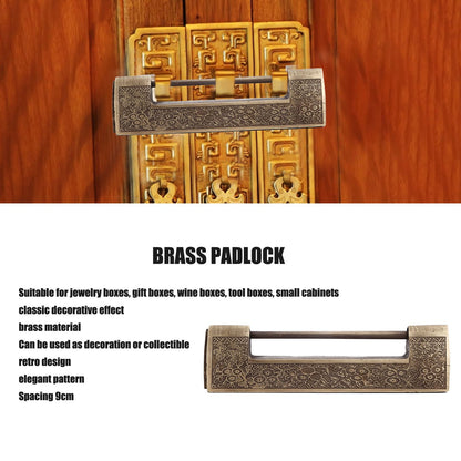 Chinese Antique Lock Retro Spacing 9cm/3.5in Classic Pattern Brass Horizontal Padlock Lock for Gift Boxes V1294-YM0523-3114220035911