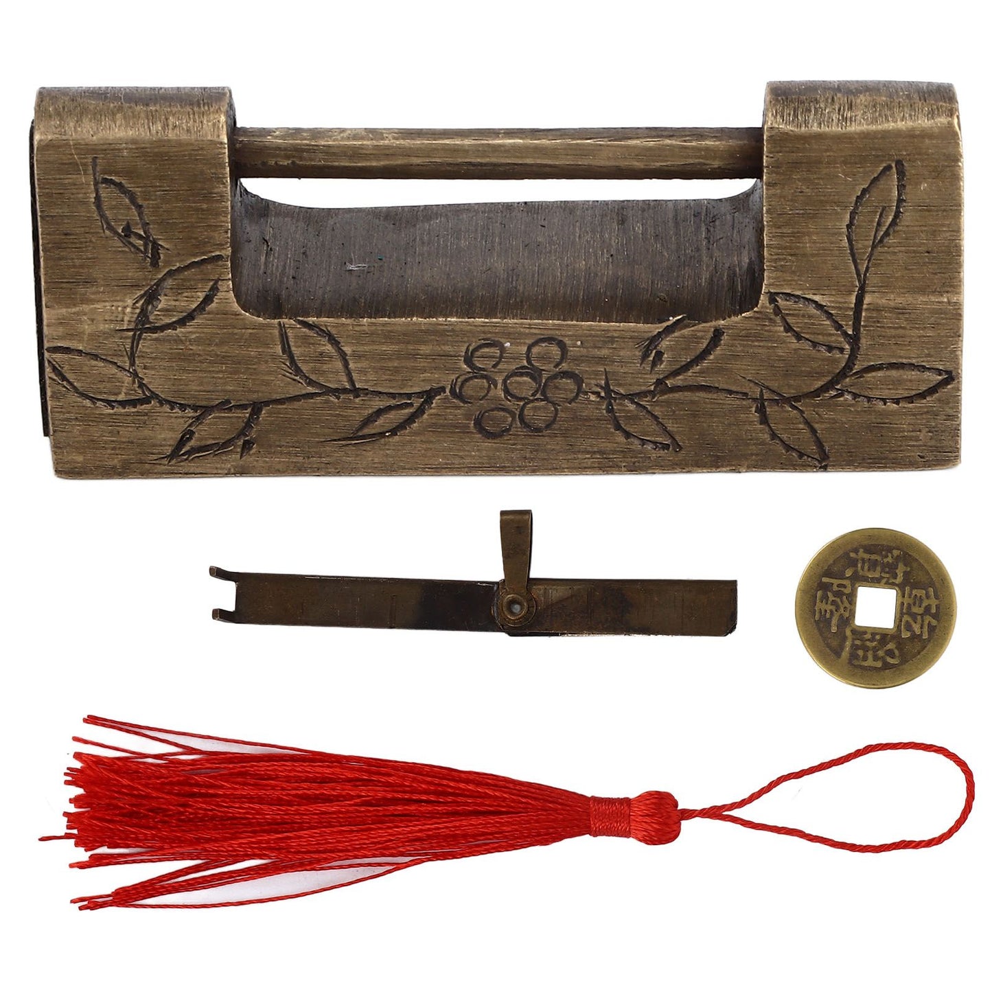 Chinese Antique Lock Retro Classic Pattern Design Bronze Brass Material 5x2cm/2.0x0.8in Horizontal Padlock V1294-YM0523-3114220036311