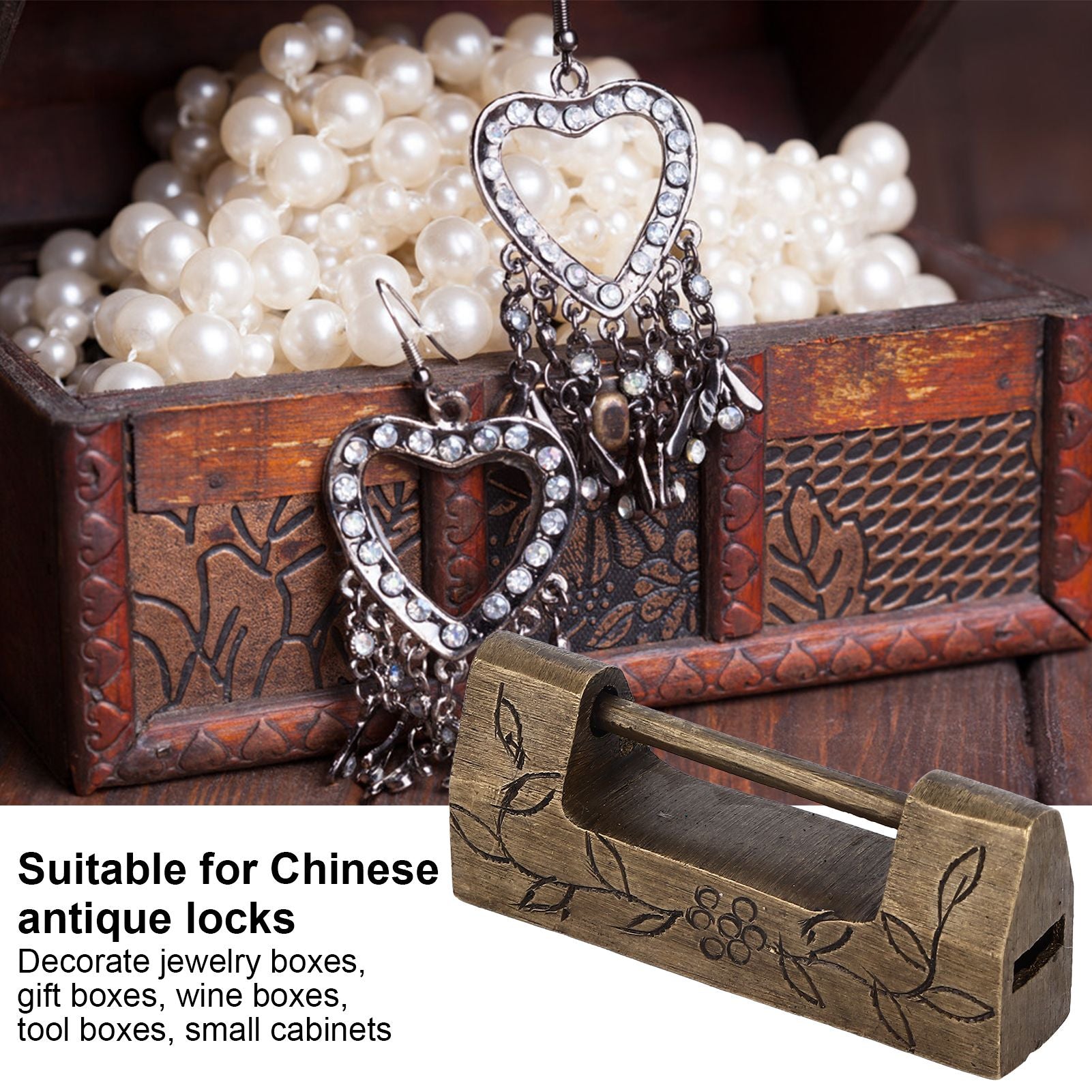 Chinese Antique Lock Retro Classic Pattern Design Bronze Brass Material 5x2cm/2.0x0.8in Horizontal Padlock V1294-YM0523-3114220036311