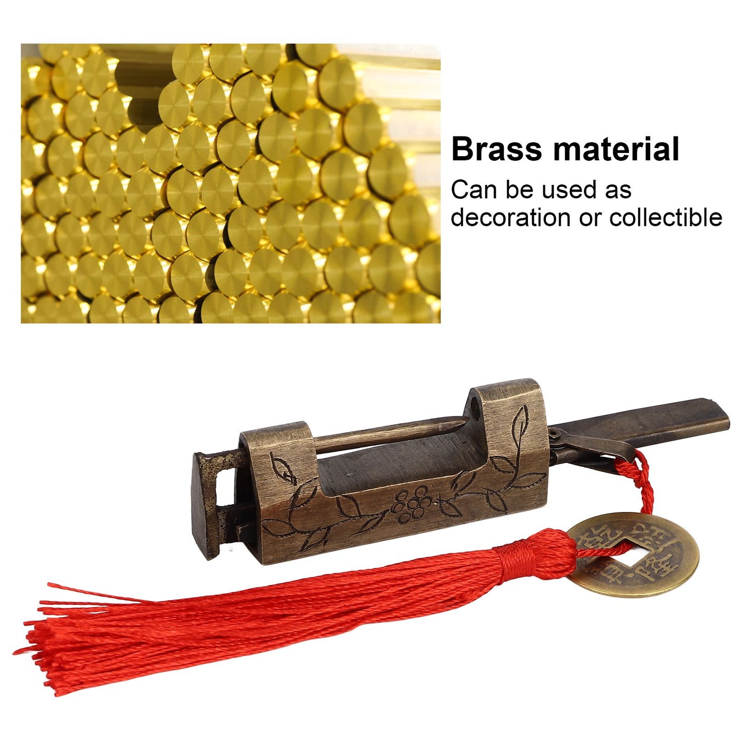 Chinese Antique Lock Retro Classic Pattern Design Bronze Brass Material 5x2cm/2.0x0.8in Horizontal Padlock V1294-YM0523-3114220036311