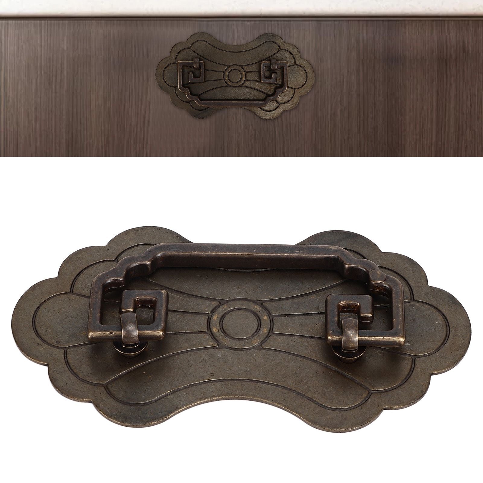 Antique Drawer Handle 12.8x7cm Wealth Blossoms Retro Chinese Style Brass Vintage Drawer Pulls with 2 Screws V1294-YM0523-3114220036411