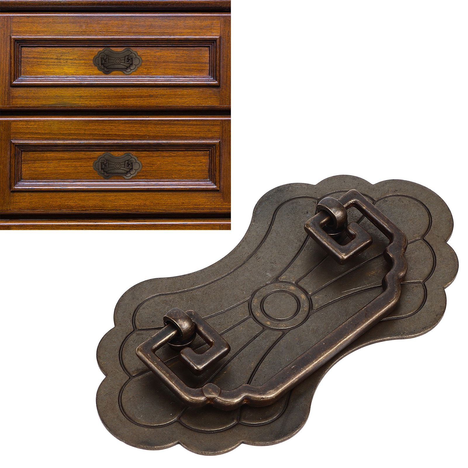 Antique Drawer Handle 12.8x7cm Wealth Blossoms Retro Chinese Style Brass Vintage Drawer Pulls with 2 Screws V1294-YM0523-3114220036411