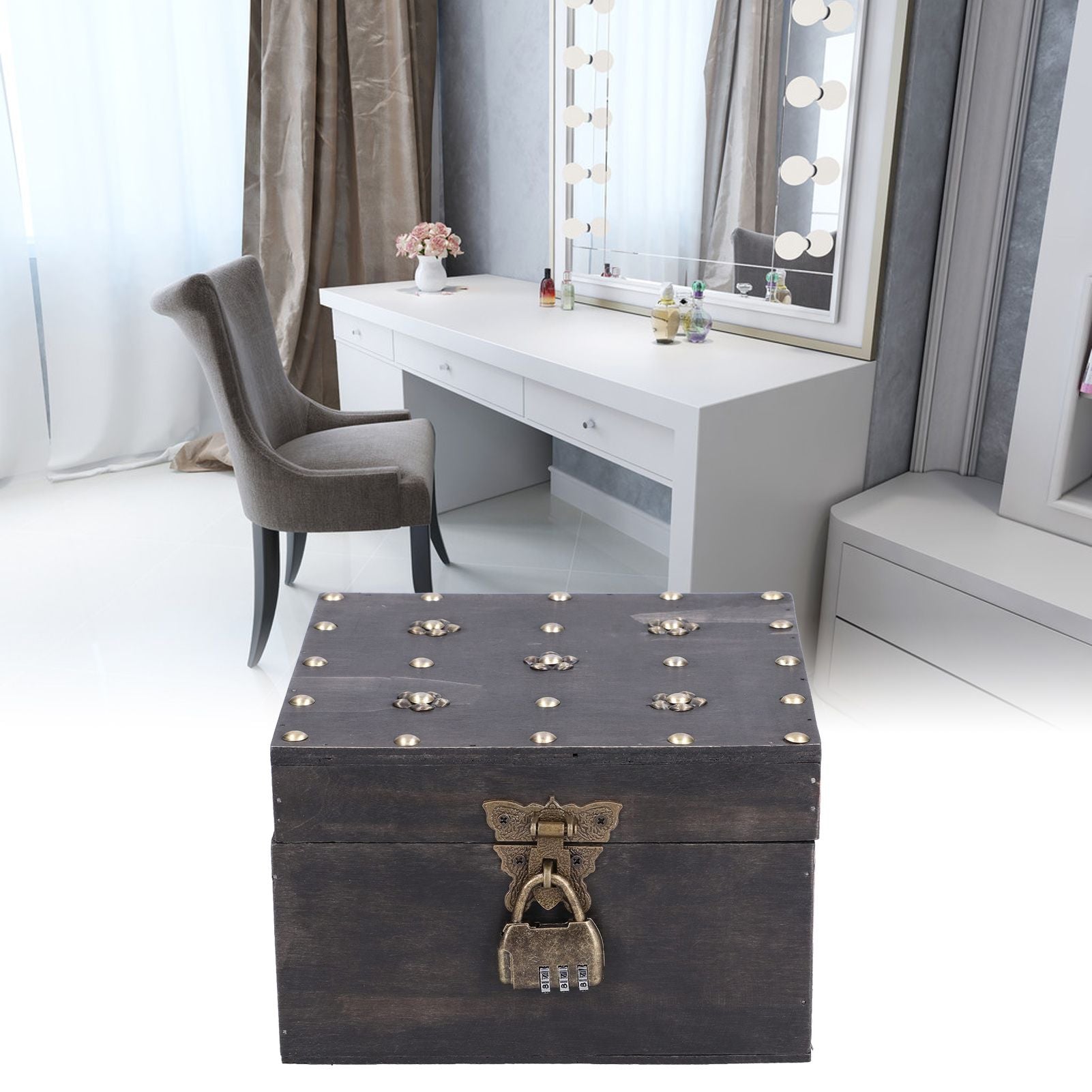 Treasure Props Storage Box with Password Lock Retro Wooden Storage Box for Home Living Room V1294-YM0523-3115210208511