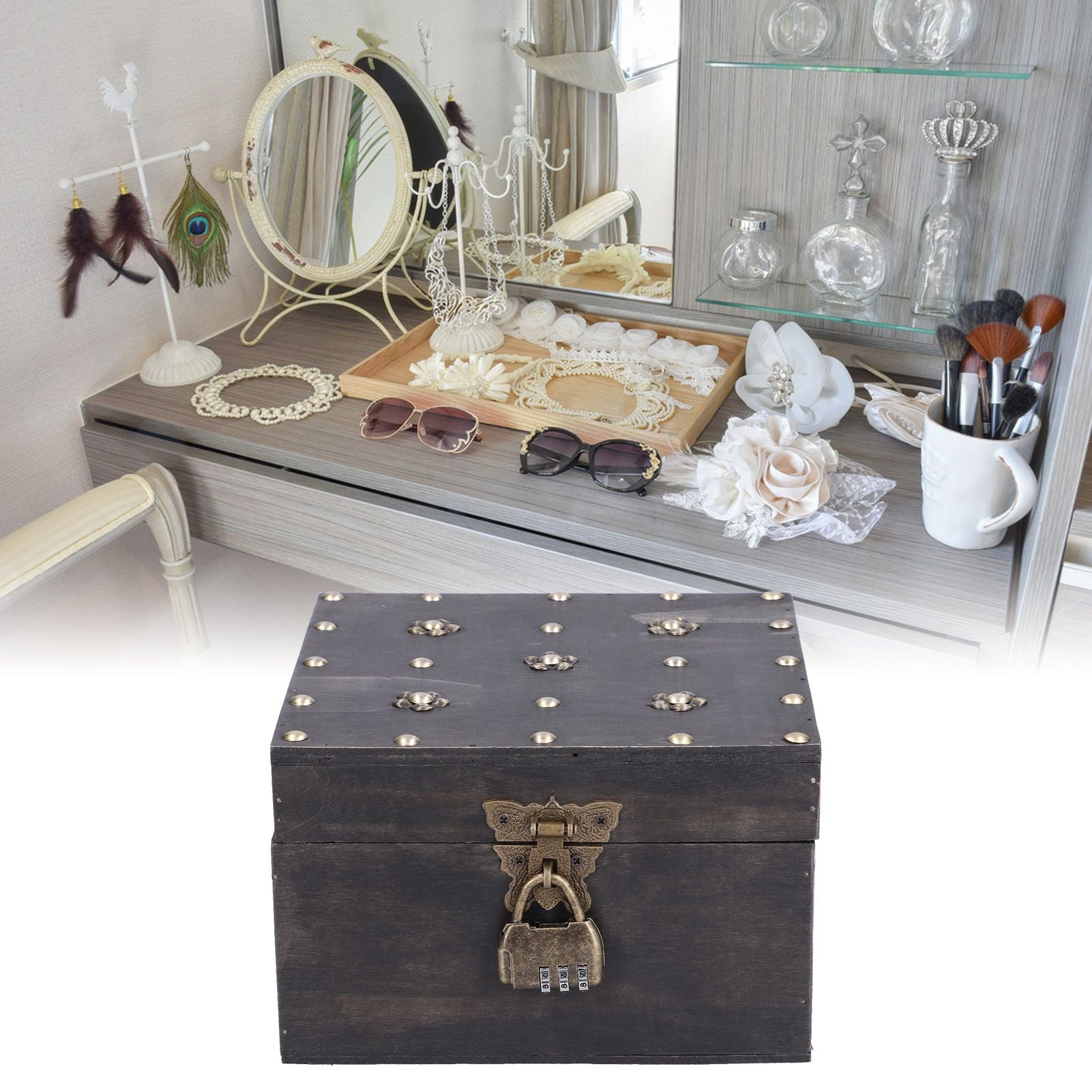 Treasure Props Storage Box with Password Lock Retro Wooden Storage Box for Home Living Room V1294-YM0523-3115210208511