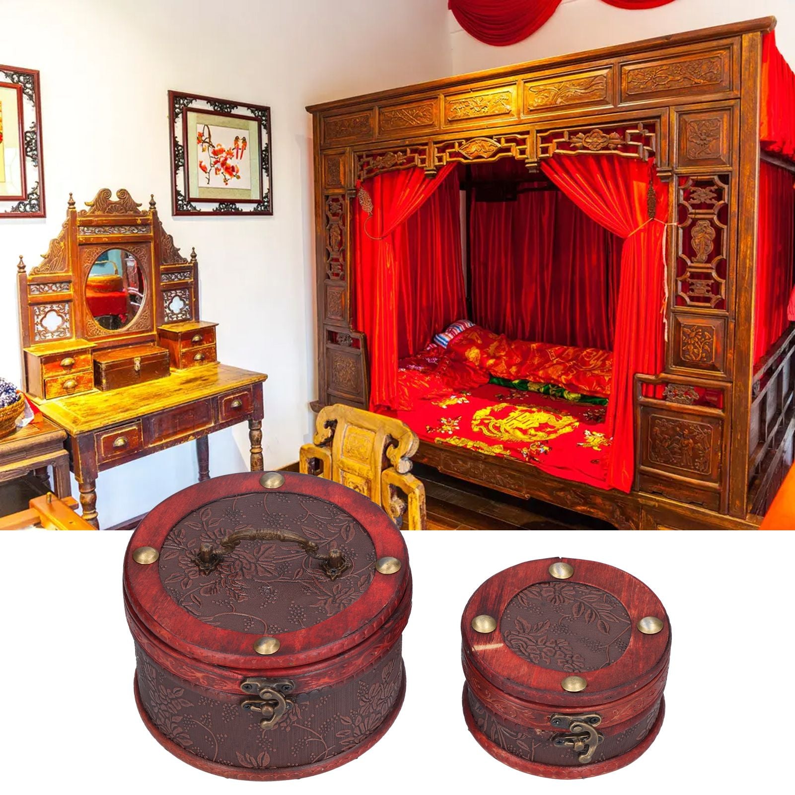 2Pcs Classical Jewelry Box with Buckle Cylinder Shape Antique Storage Case for Necklace Bracelet V1294-YM0523-3115210209111