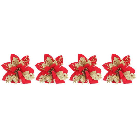 4pcs Christmas Tree Flowers Artificial Golden Red Poinsettia Christmas Tree Glitter Flowers with Golden Powder V1294-YM0523-3115210209711