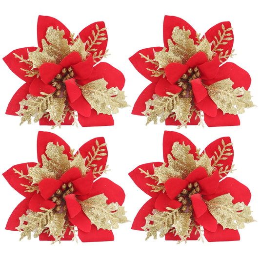 4pcs Christmas Tree Flowers Artificial Golden Red Poinsettia Christmas Tree Glitter Flowers with Golden Powder V1294-YM0523-3115210209711