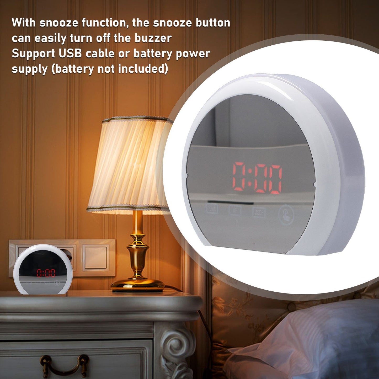 Digital LED Mirror Clock with 7 Color Lighting Snooze Alarm Clock Temperature Date Time DisplayRed Word V1294-YM0523-3115210213112