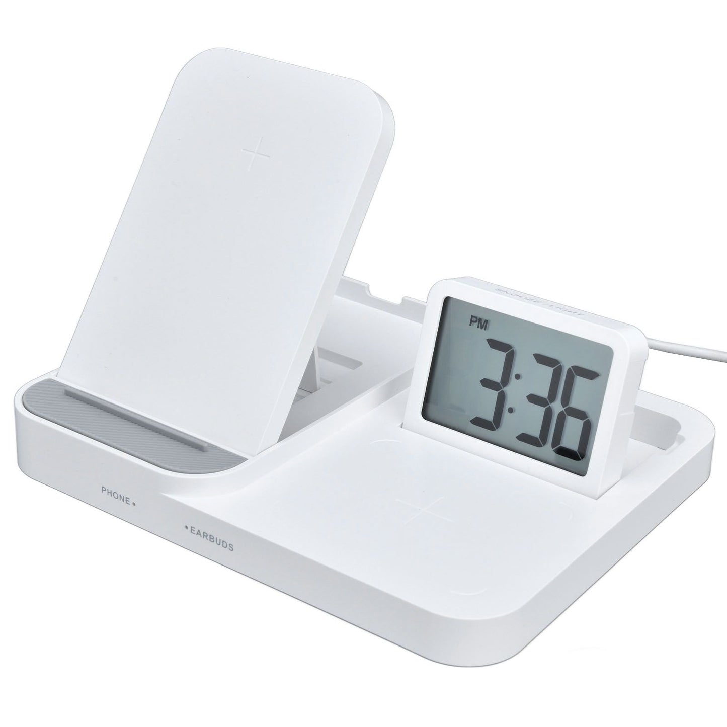 3 in 1 LCD Digital Alarm Clock with Phone Earphone Wireless Charger USB Powered for Home Office White V1294-YM0523-3115210213311