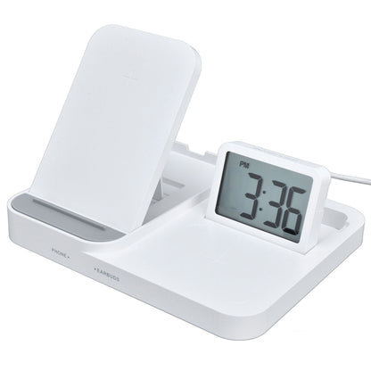 3 in 1 LCD Digital Alarm Clock with Phone Earphone Wireless Charger USB Powered for Home Office White V1294-YM0523-3115210213311