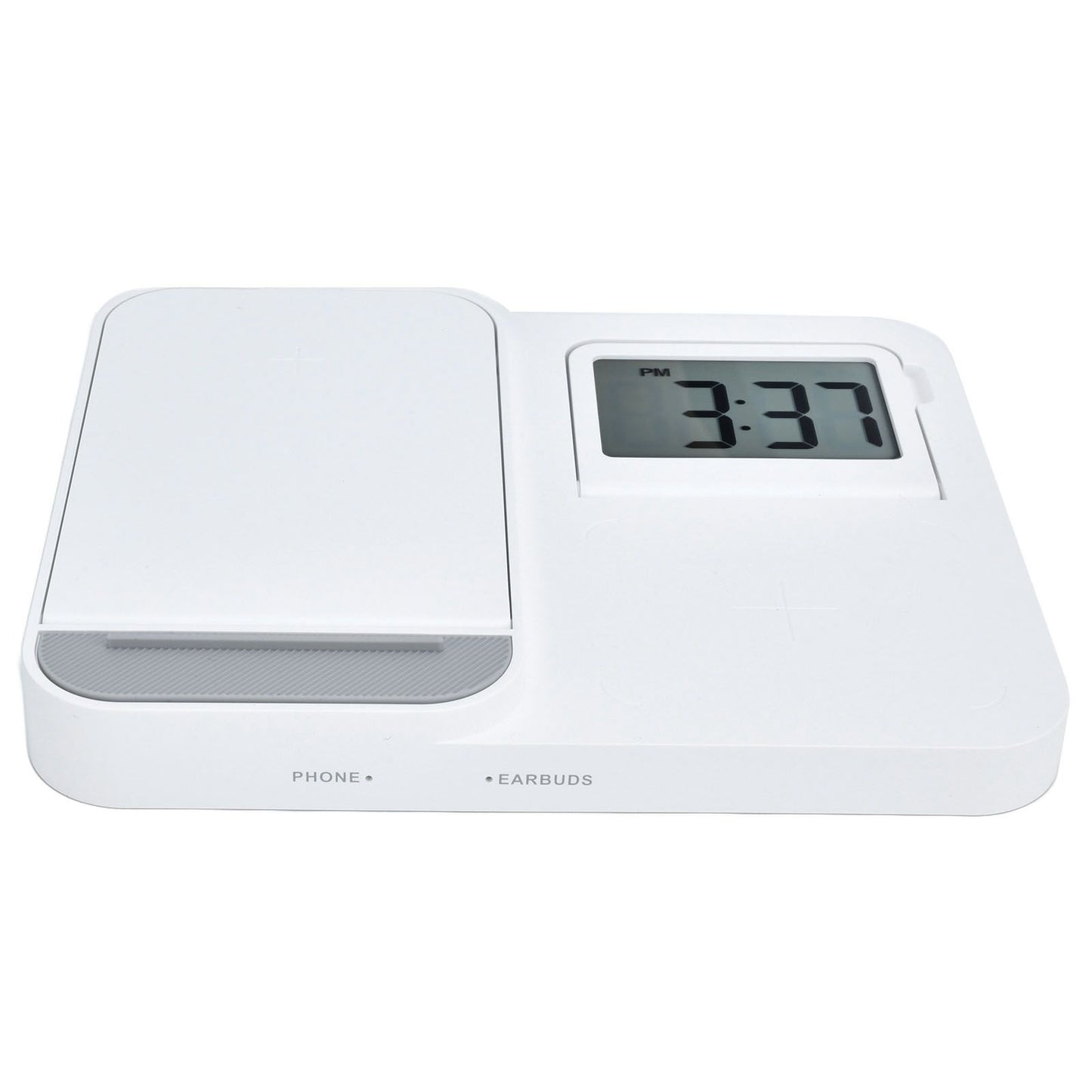 3 in 1 LCD Digital Alarm Clock with Phone Earphone Wireless Charger USB Powered for Home Office White V1294-YM0523-3115210213311