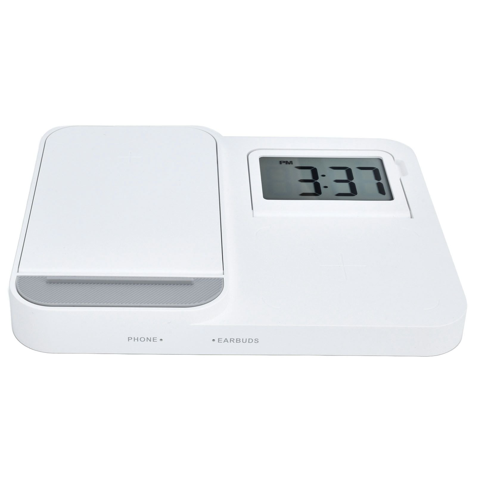 3 in 1 LCD Digital Alarm Clock with Phone Earphone Wireless Charger USB Powered for Home Office White V1294-YM0523-3115210213311