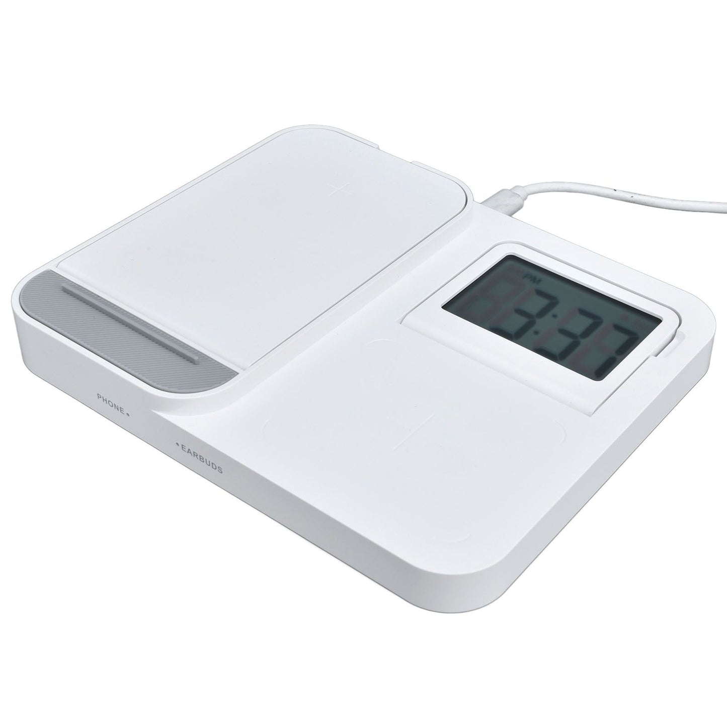 3 in 1 LCD Digital Alarm Clock with Phone Earphone Wireless Charger USB Powered for Home Office White V1294-YM0523-3115210213311