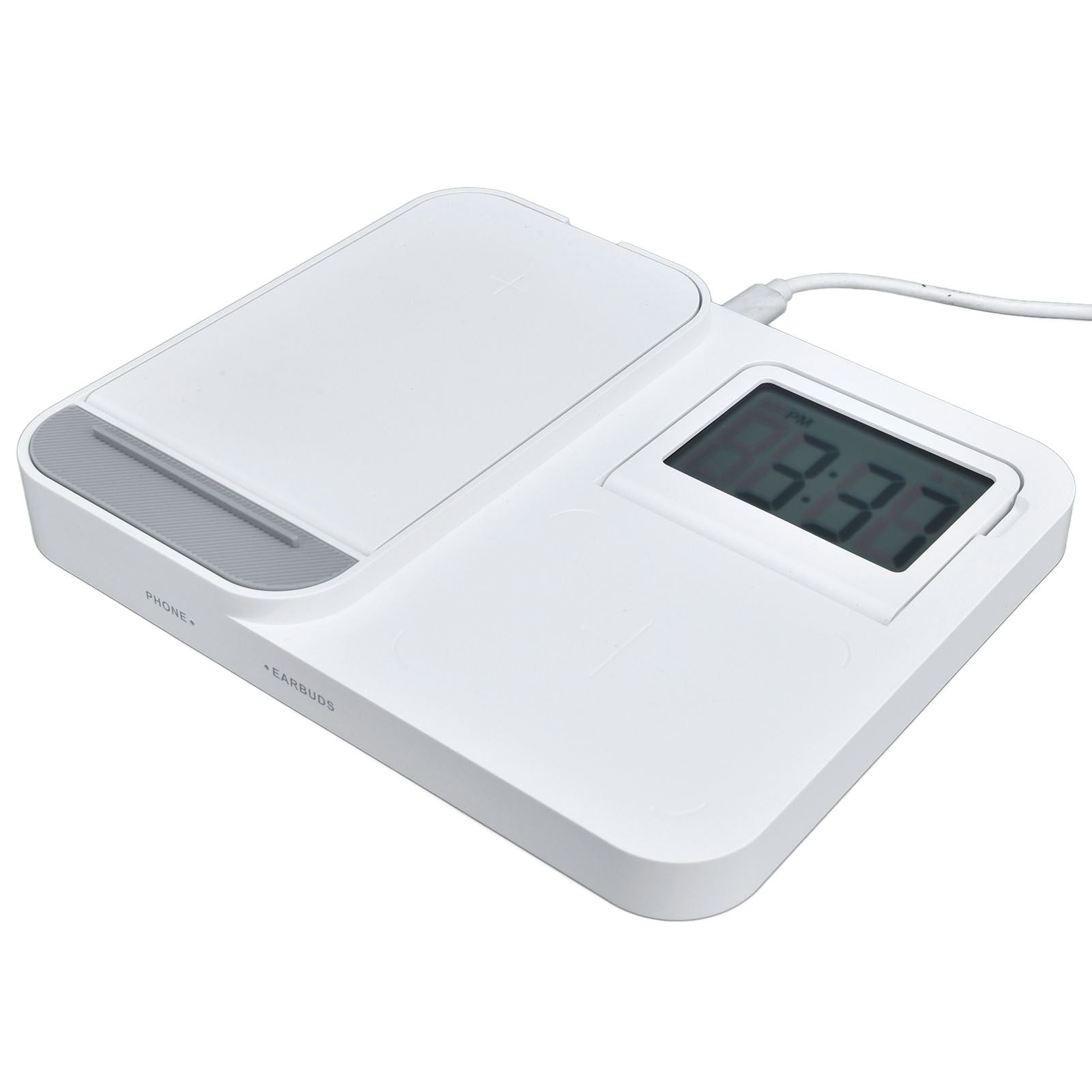 3 in 1 LCD Digital Alarm Clock with Phone Earphone Wireless Charger USB Powered for Home Office White V1294-YM0523-3115210213311
