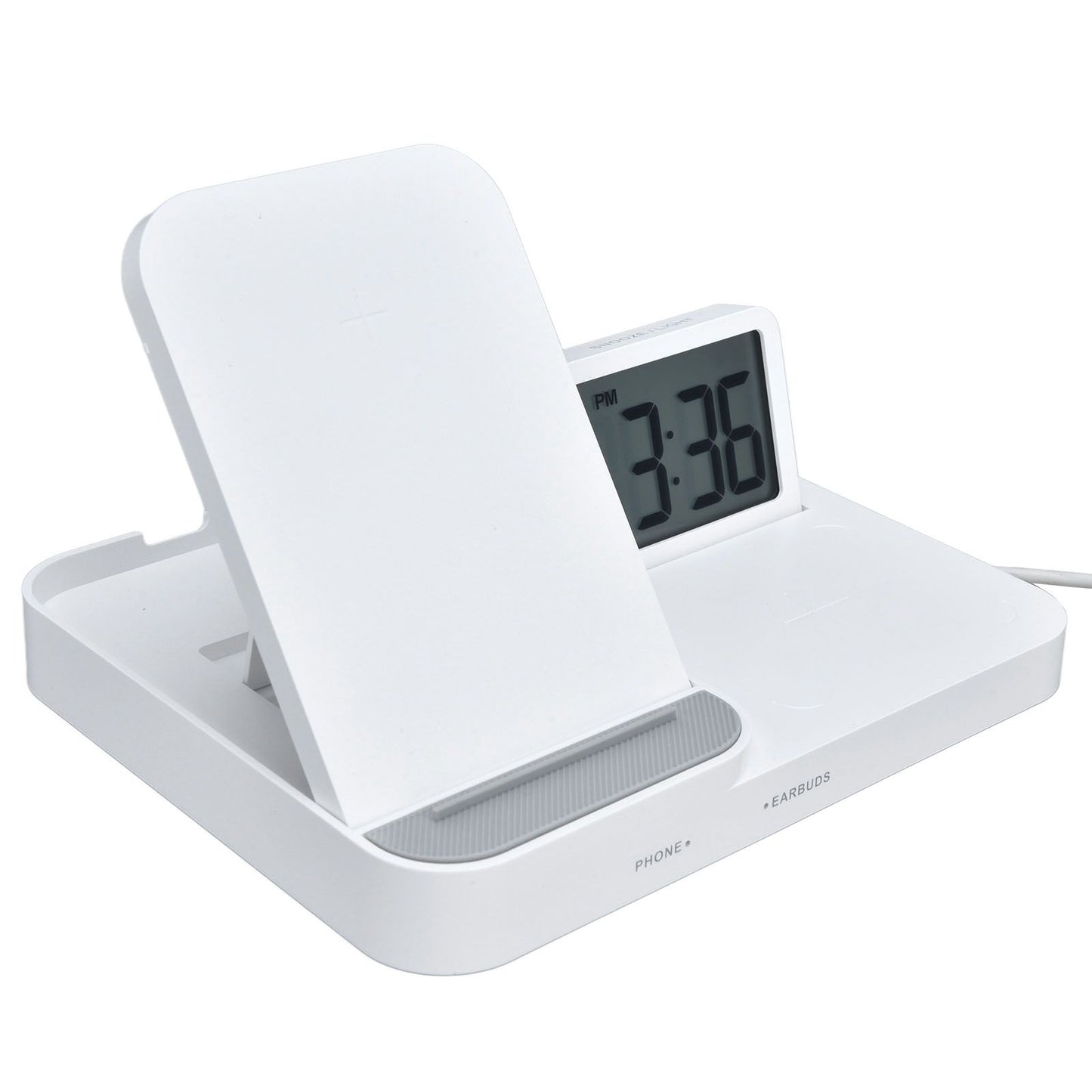 3 in 1 LCD Digital Alarm Clock with Phone Earphone Wireless Charger USB Powered for Home Office White V1294-YM0523-3115210213311