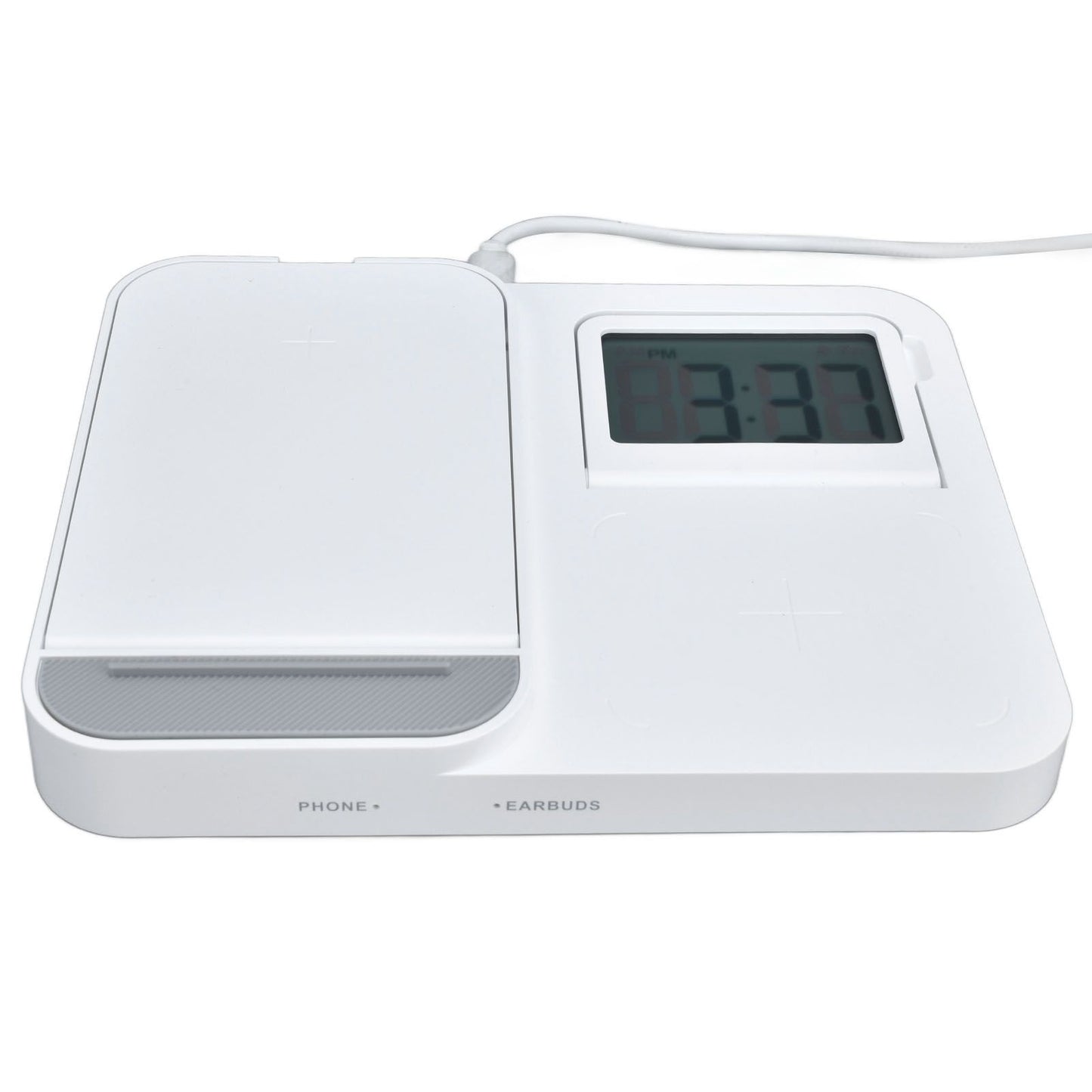 3 in 1 LCD Digital Alarm Clock with Phone Earphone Wireless Charger USB Powered for Home Office White V1294-YM0523-3115210213311