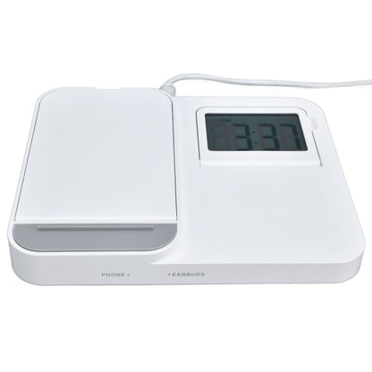 3 in 1 LCD Digital Alarm Clock with Phone Earphone Wireless Charger USB Powered for Home Office White V1294-YM0523-3115210213311
