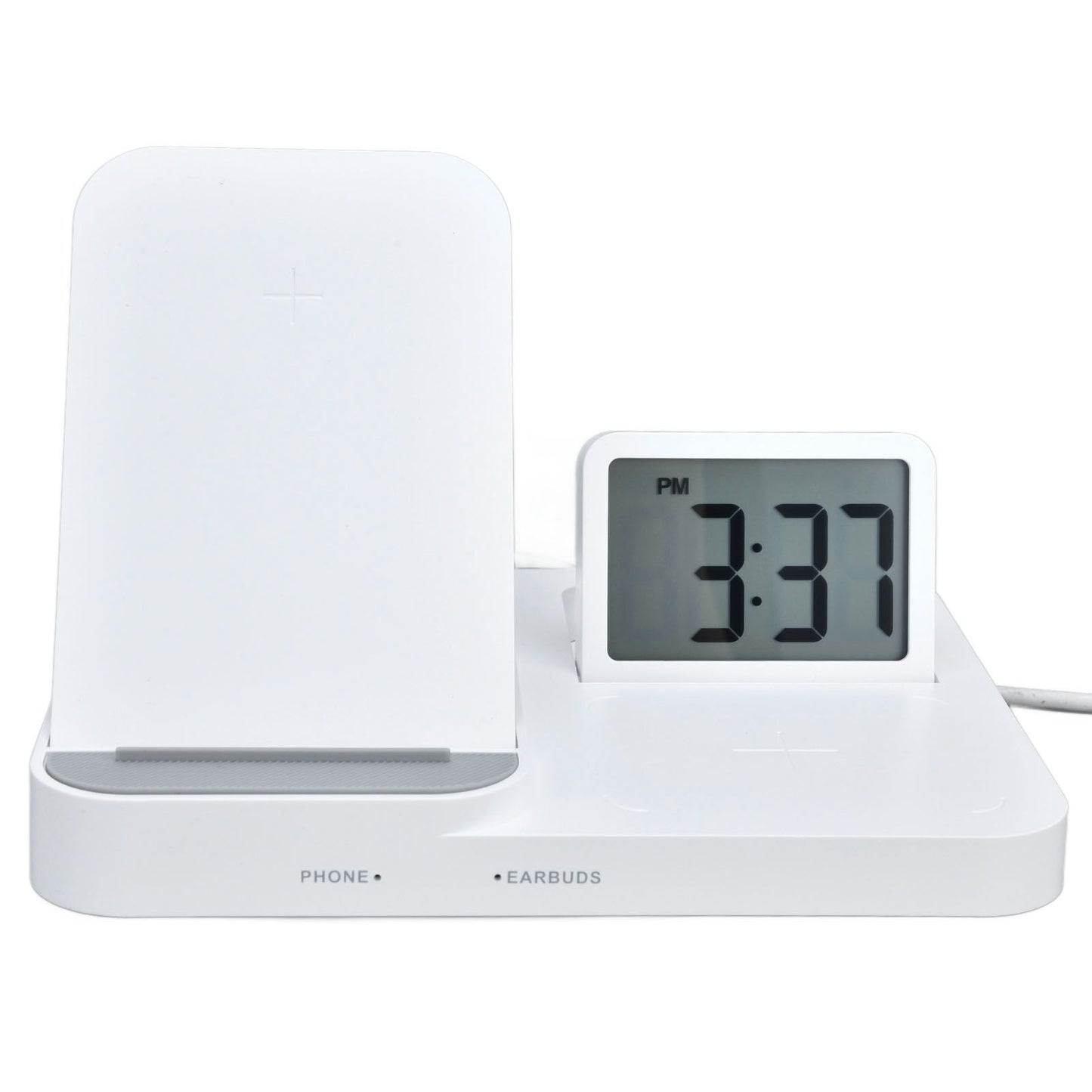 3 in 1 LCD Digital Alarm Clock with Phone Earphone Wireless Charger USB Powered for Home Office White V1294-YM0523-3115210213311